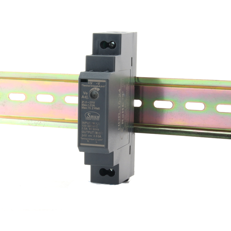 DIN rail power supply installed in a high-density industrial control panel