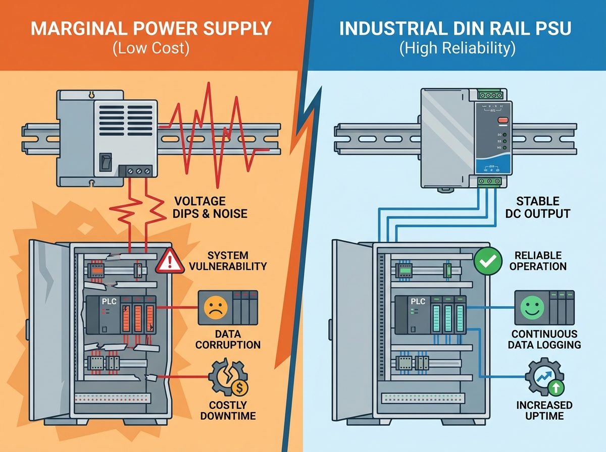 Industrial DIN rail power supply mounted in a control cabinet
